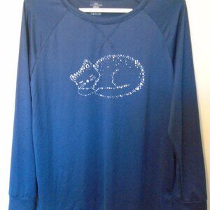 NAVY BLUE CARISMA LONG SLEEVE PULLOVER PAJAMA TOP SIZE MEDIUM WITH CAT DESIGN
